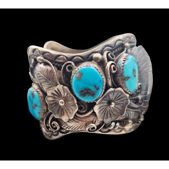 Fred James Vintage Navajo Sterling Silver Turquoise Watch Cuff 90 grms No Watch - Picture 5 of 15